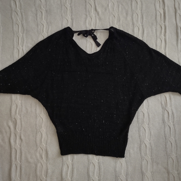 LOFT Black and Sparkle Dolman Sleeve Short Sleeved Sweater with Tie Accent Sz. S - Picture 2 of 5